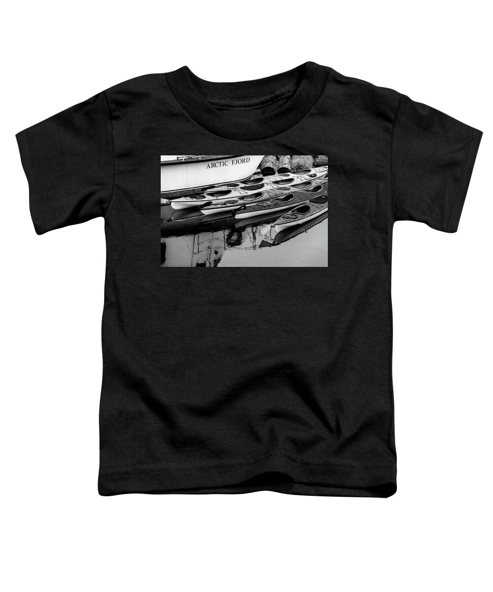 Alaska Toddler T-Shirt featuring the photograph Ketchikan Kayaks in Black and White by Joni Eskridge