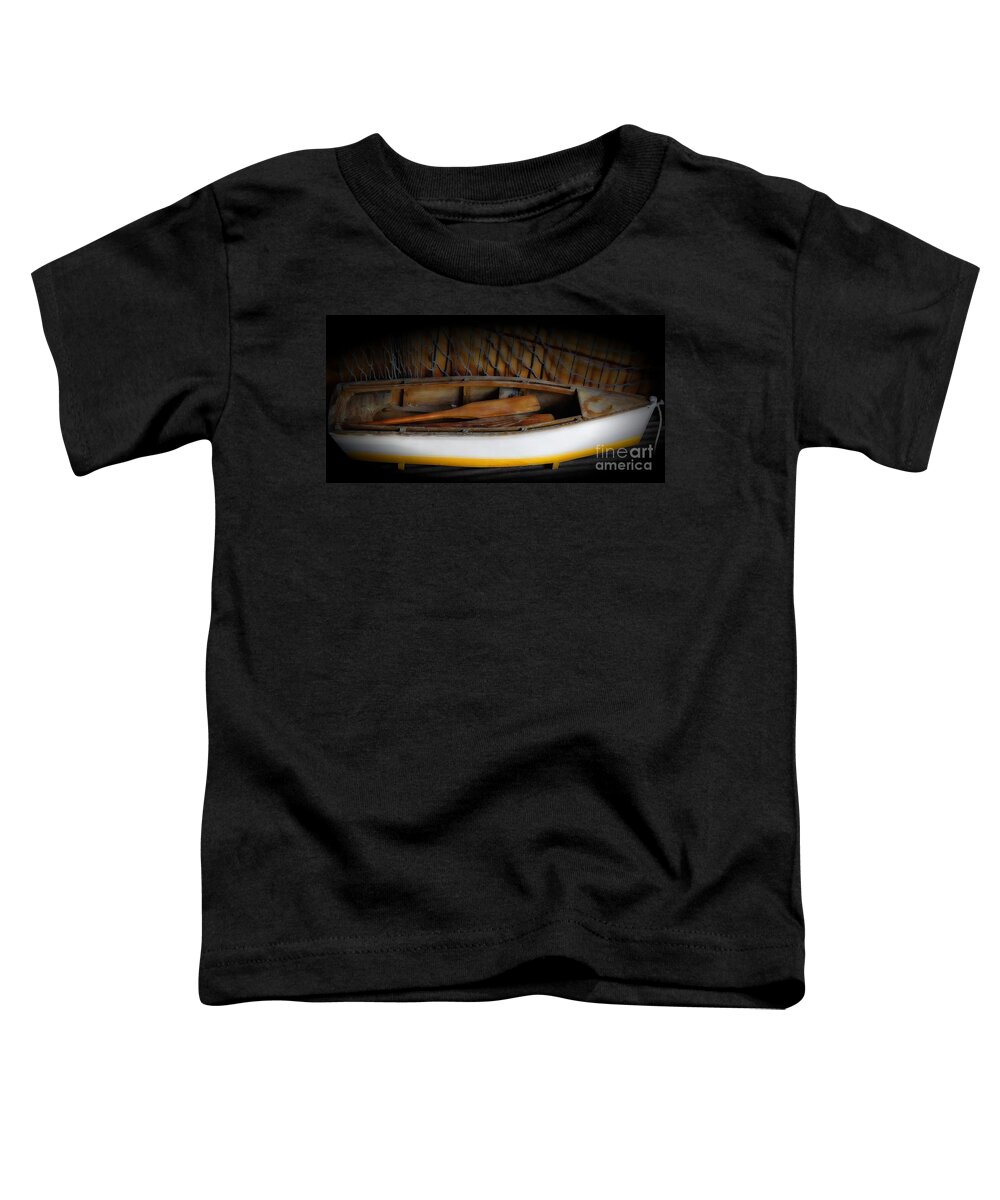 Wooden Model Boat Toddler T-Shirt featuring the photograph Little White and Yellow Model Boat by Lilliana Mendez