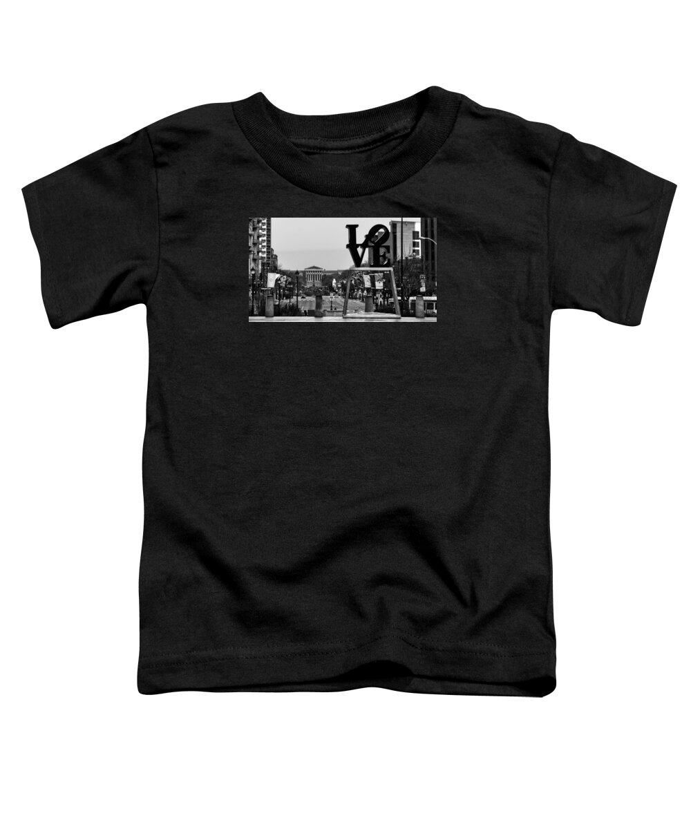 Love Toddler T-Shirt featuring the photograph Love Park and the Parkway in Black and White by Bill Cannon