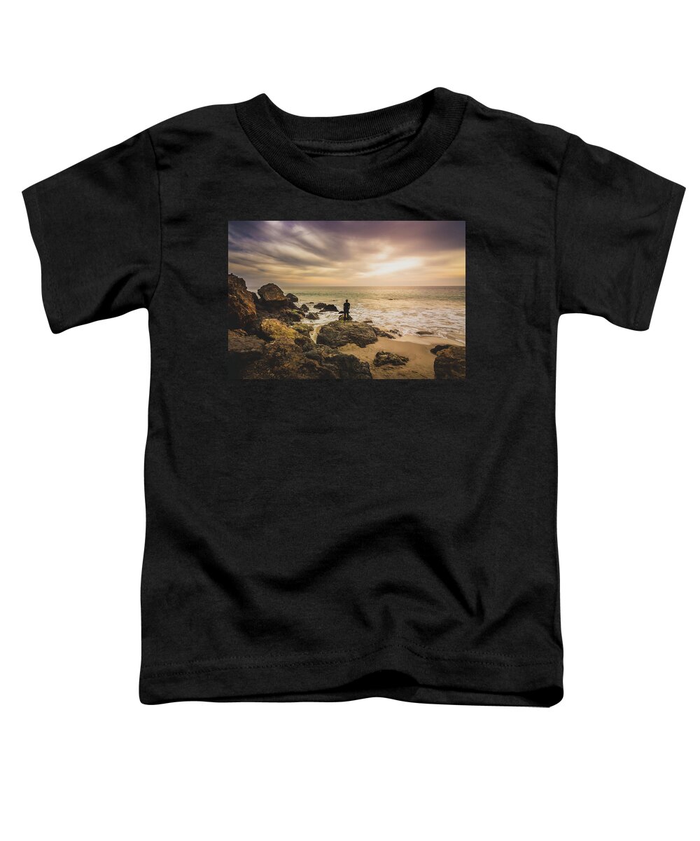 Beach Toddler T-Shirt featuring the photograph Man Watching Sunset in Malibu by Andy Konieczny