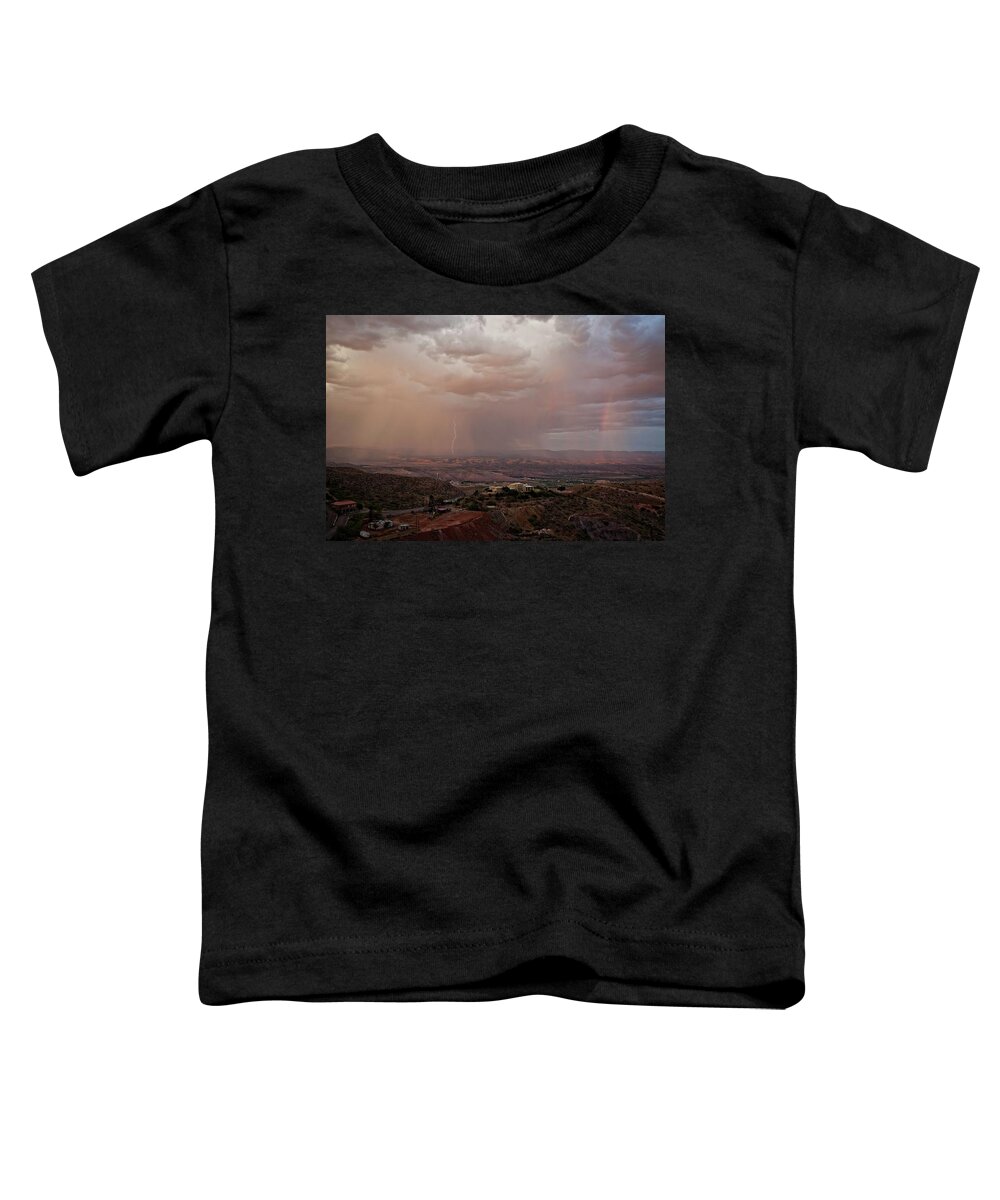 Monsoon Toddler T-Shirt featuring the photograph Monsoon Lightning and Rainbow by Ron Chilston