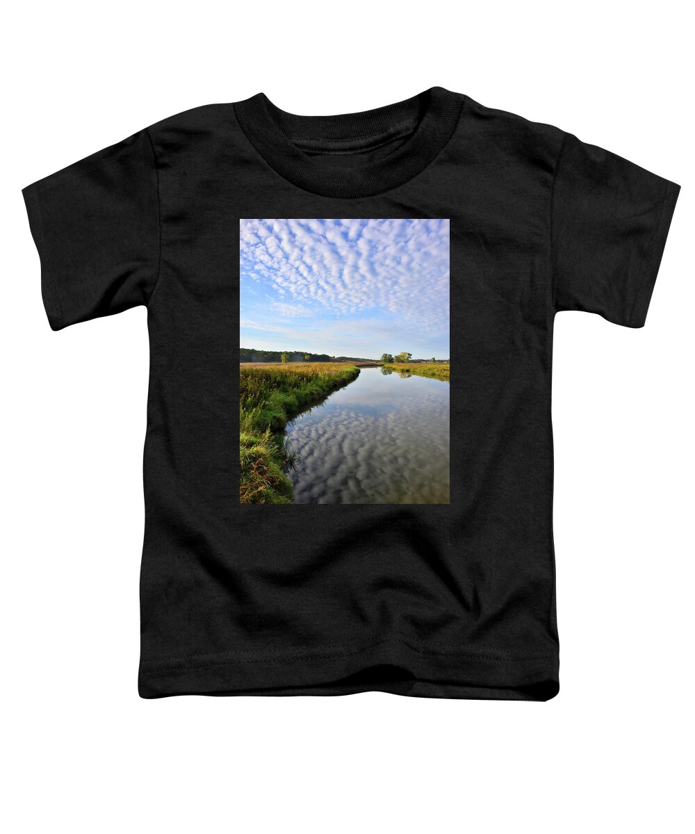 Mchenry County Conservation District Toddler T-Shirt featuring the photograph Morning Clouds Reflected in Nippersink Creek in Glacial Park by Ray Mathis