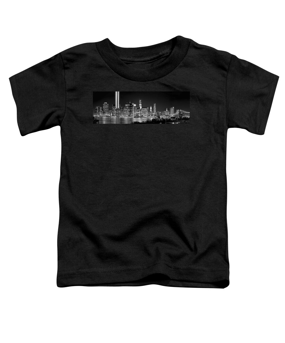 New York City Skyline At Night Toddler T-Shirt featuring the photograph New York City BW Tribute in Lights and Lower Manhattan at Night Black and White NYC by Jon Holiday