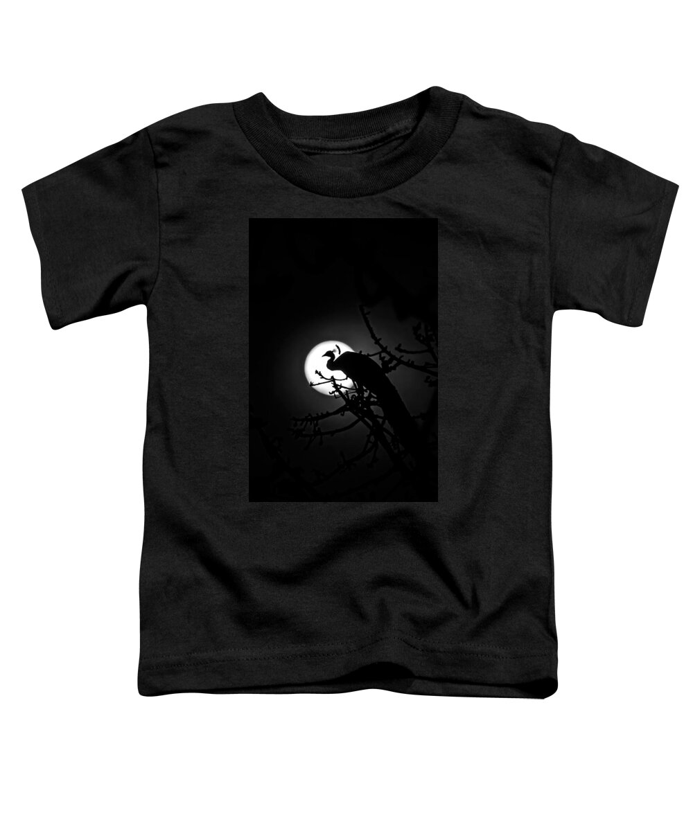 Peacock Toddler T-Shirt featuring the photograph Peacock roosting against full moon. by Ramabhadran Thirupattur