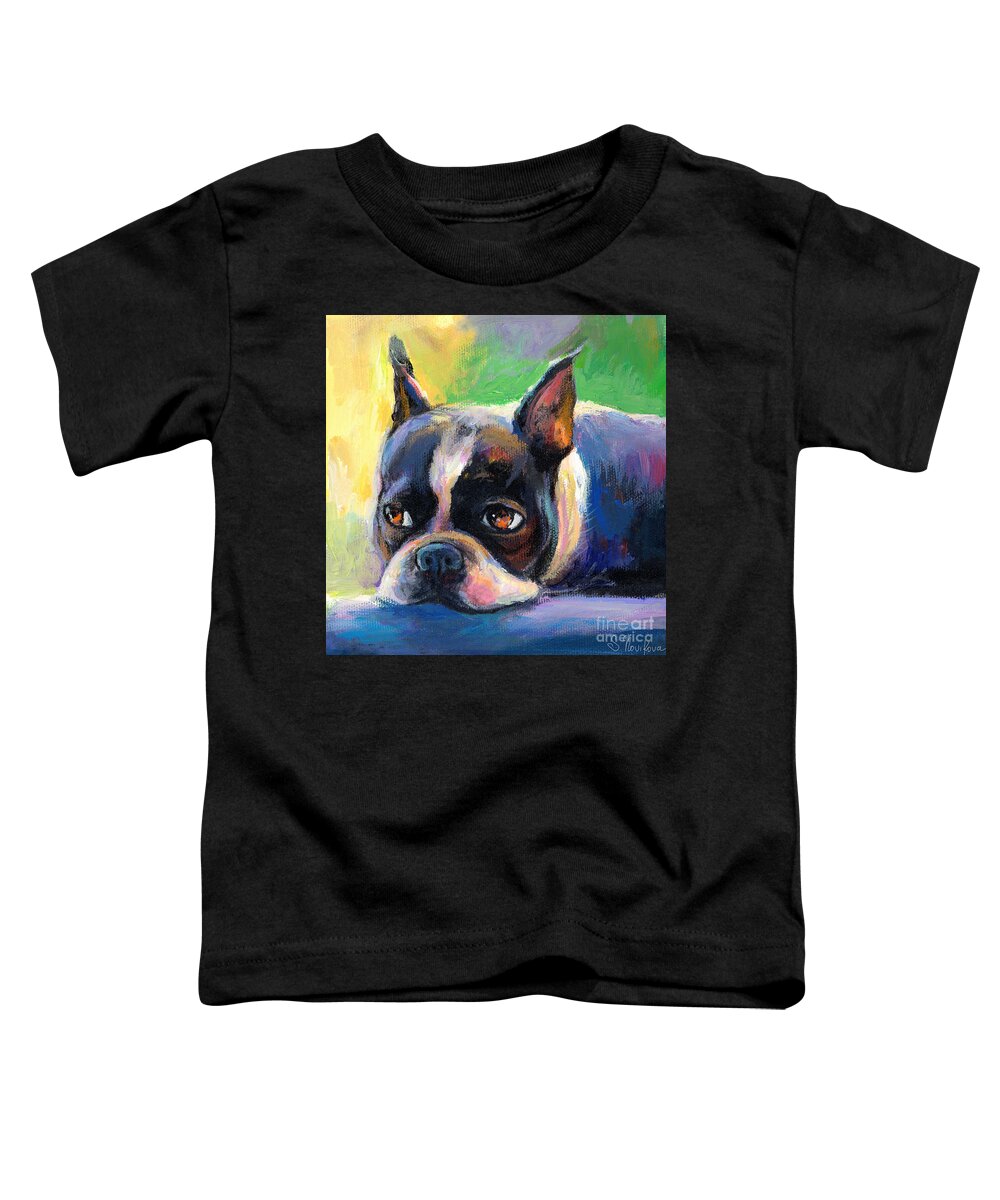 Boston Terrier Dog Toddler T-Shirt featuring the painting Pensive Boston Terrier dog painting by Svetlana Novikova