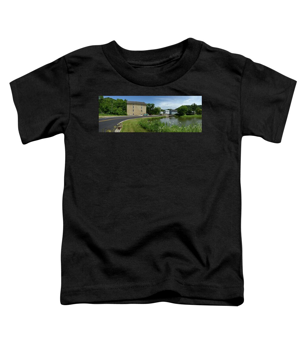Mill; Flour Mill; 1854; Pickwick Mill; Minnesota; Museum; Rural Landscape; Rural; Countryside; Hillside; Pond; Quaint; Village Toddler T-Shirt featuring the photograph Pickwick Mill Panorama by Janice Adomeit