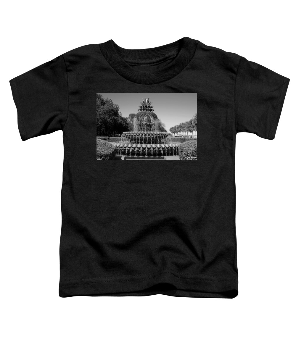 Pine Apple Fountain Charleston Sc Toddler T-Shirt featuring the photograph Pineapple Fountain Charleston SC Black and White by Lisa Wooten
