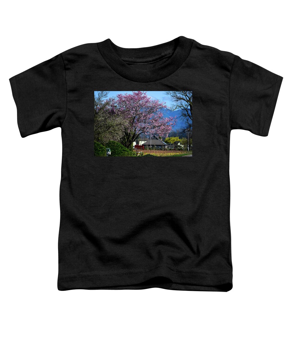 Pink Tree Red Trailer Toddler T-Shirt featuring the photograph Pink Tree Red Trailer by Tom Cochran