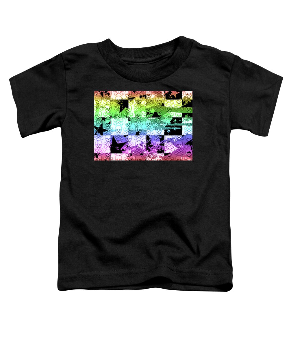 Rainbow Toddler T-Shirt featuring the digital art Rainbow Checker Skull Splatter by Roseanne Jones