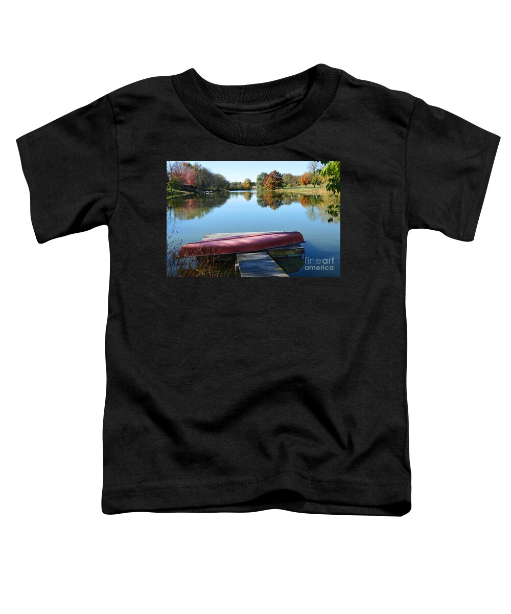 Canoe Toddler T-Shirt featuring the photograph Red Canoe in Autumn by Catherine Sherman
