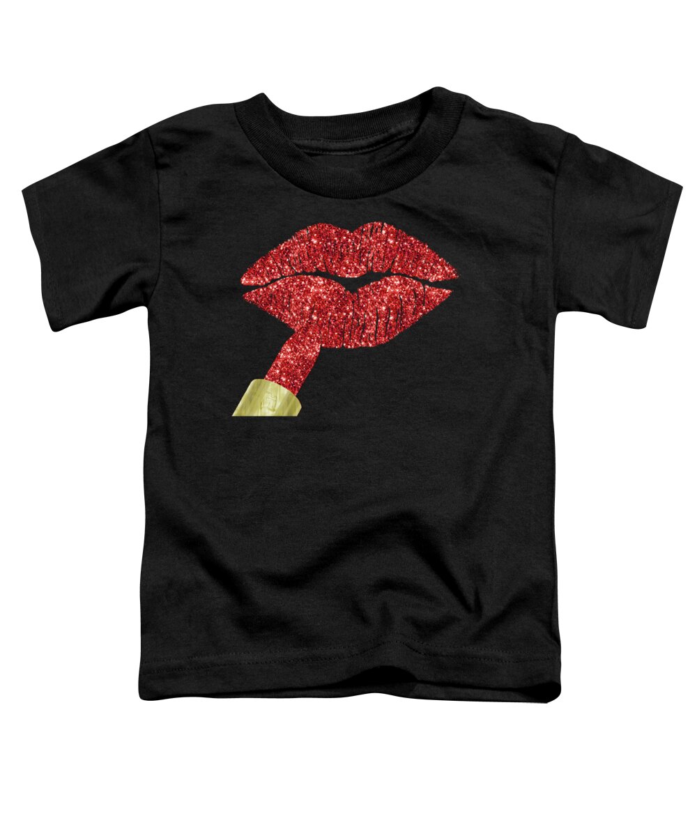 Ruby Lips Toddler T-Shirt featuring the painting Red Kiss, faux glitter lipstick on pouty lips, fashion art by Tina Lavoie