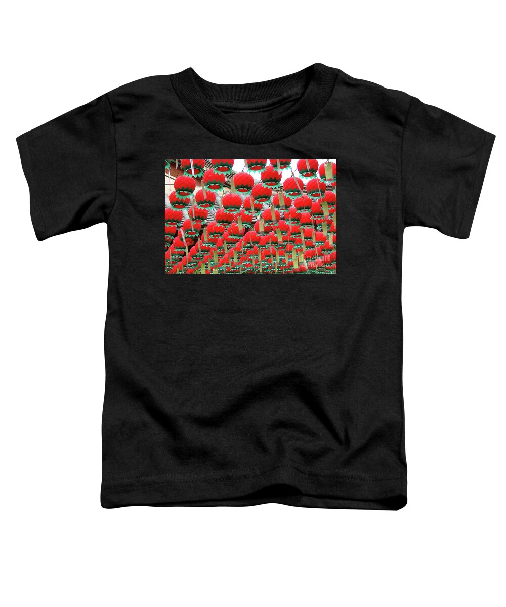 Lotus Toddler T-Shirt featuring the photograph Red lotus lanterns in Seoul by Delphimages Photo Creations