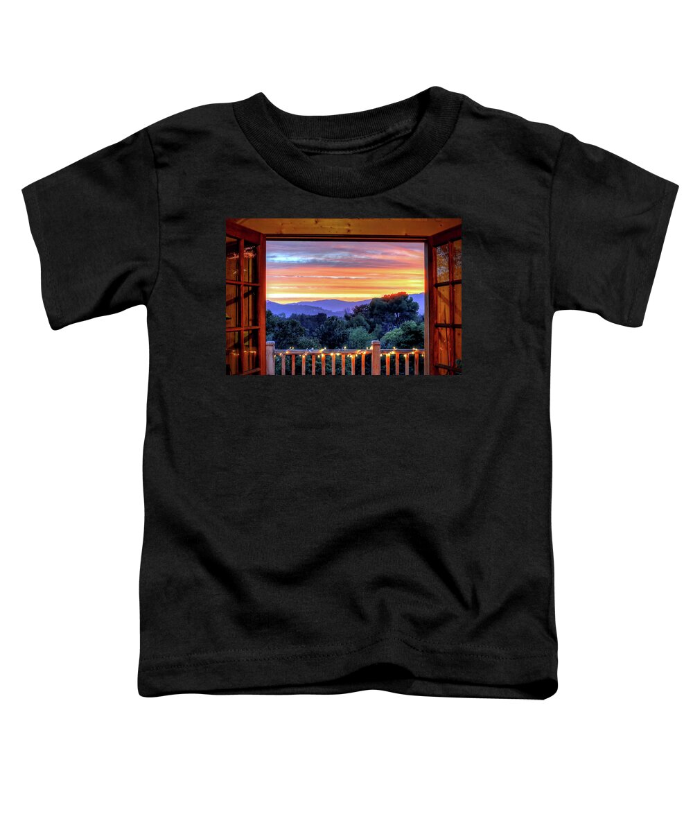 Color Room Door Sunset Window Ojai California Trees Mountains Toddler T-Shirt featuring the photograph Room with a View by Wendell Ward