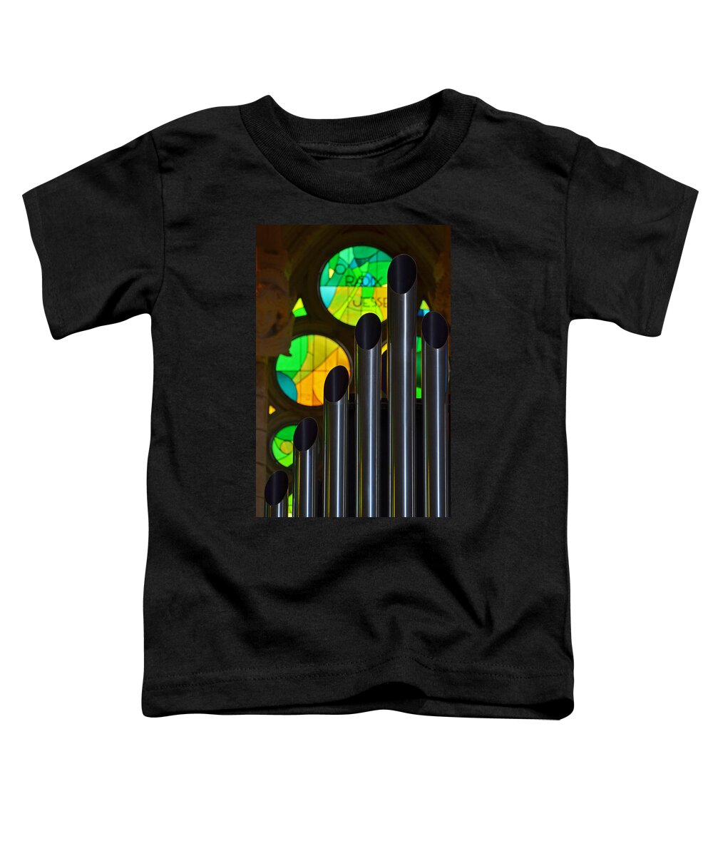Sagrada Toddler T-Shirt featuring the photograph Sagrada Familia Organ Green Stained Glass Windows by Toby McGuire