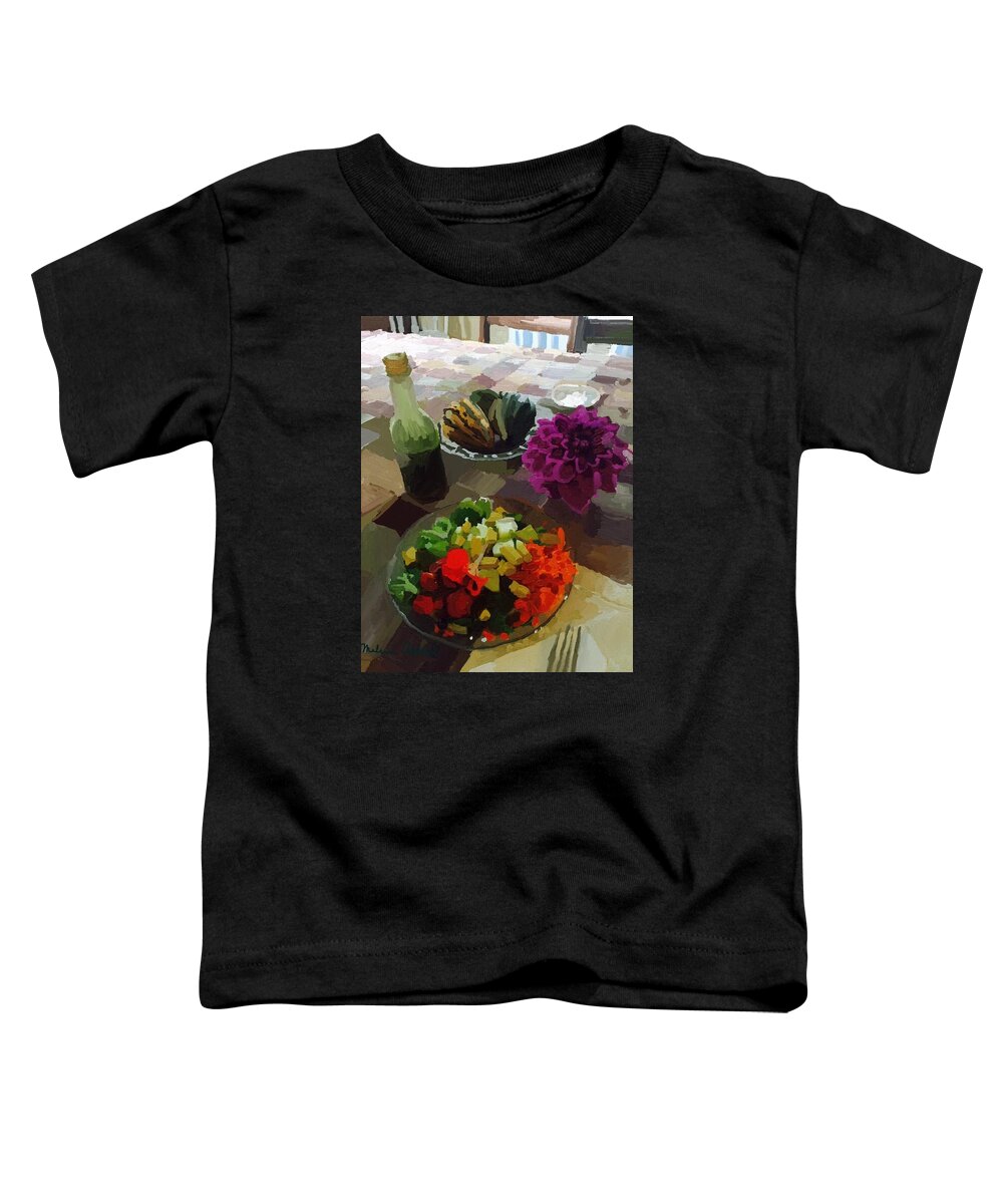 Still Life Toddler T-Shirt featuring the photograph Salad and Dressing with Squash and Dahlia by Melissa Abbott