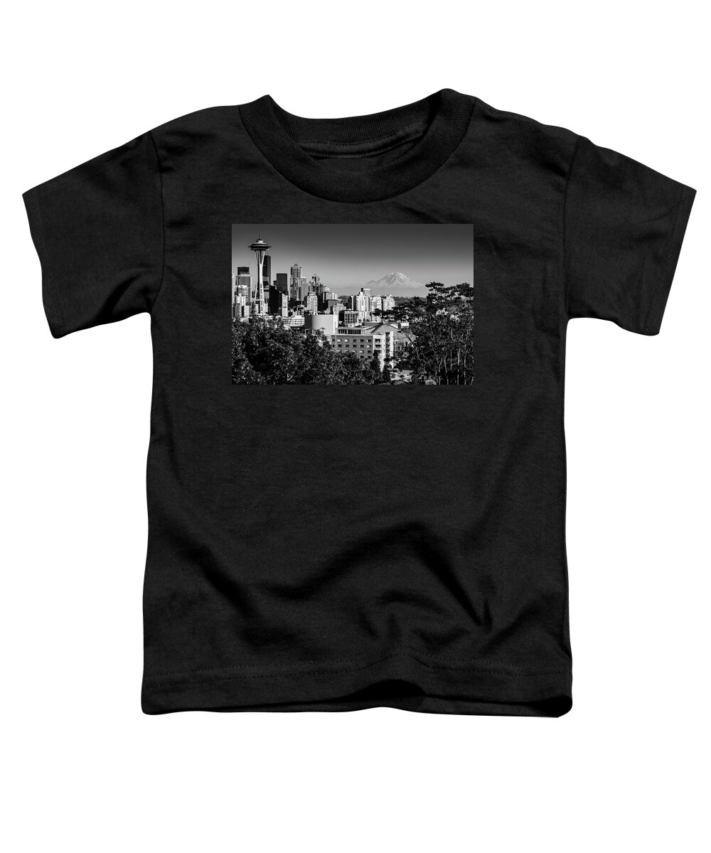 Space Needle Toddler T-Shirt featuring the photograph Seattle Skyline with Mount Rainier in the background in Black and White by Mati Krimerman