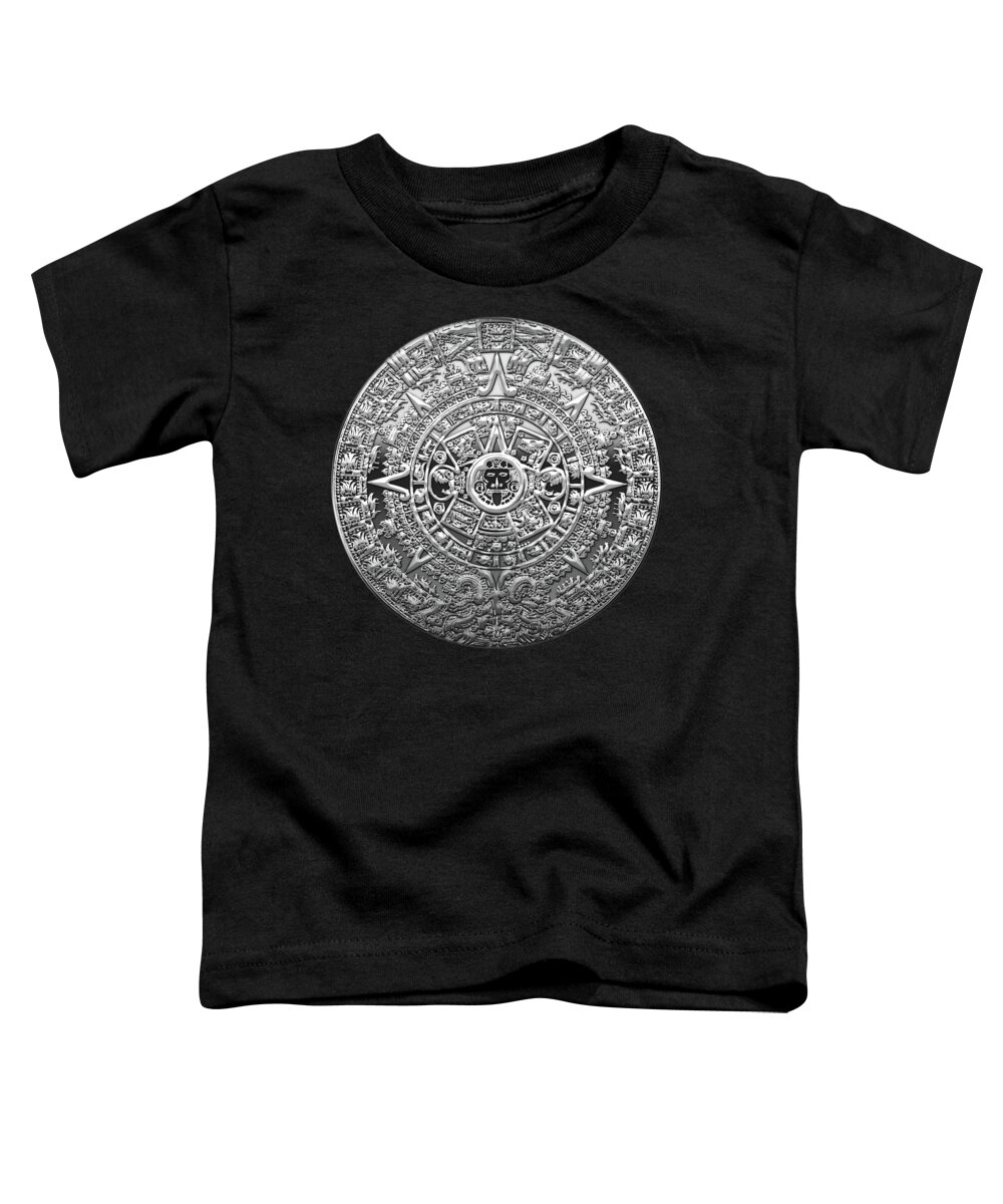'treasures Of Mesoamerica' Collection By Serge Averbukh Toddler T-Shirt featuring the digital art Silver Mayan-Aztec Calendar on Black and Red Leather by Serge Averbukh