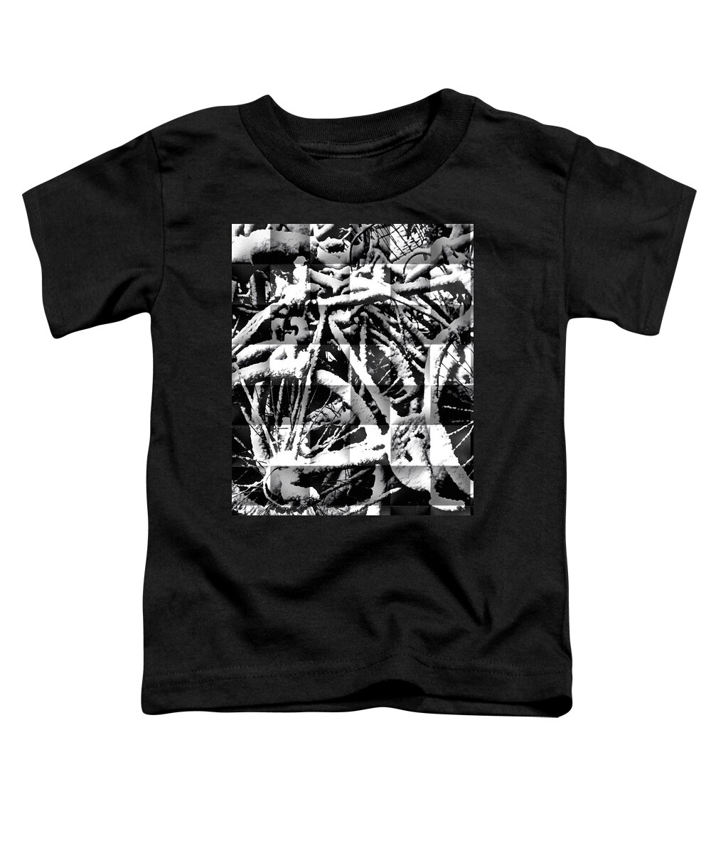 Black And White Photo Of Bikes Covered In Snow. Digitally Enhanced.black Bike Toddler T-Shirt featuring the photograph Snowy Bike by Joan Reese