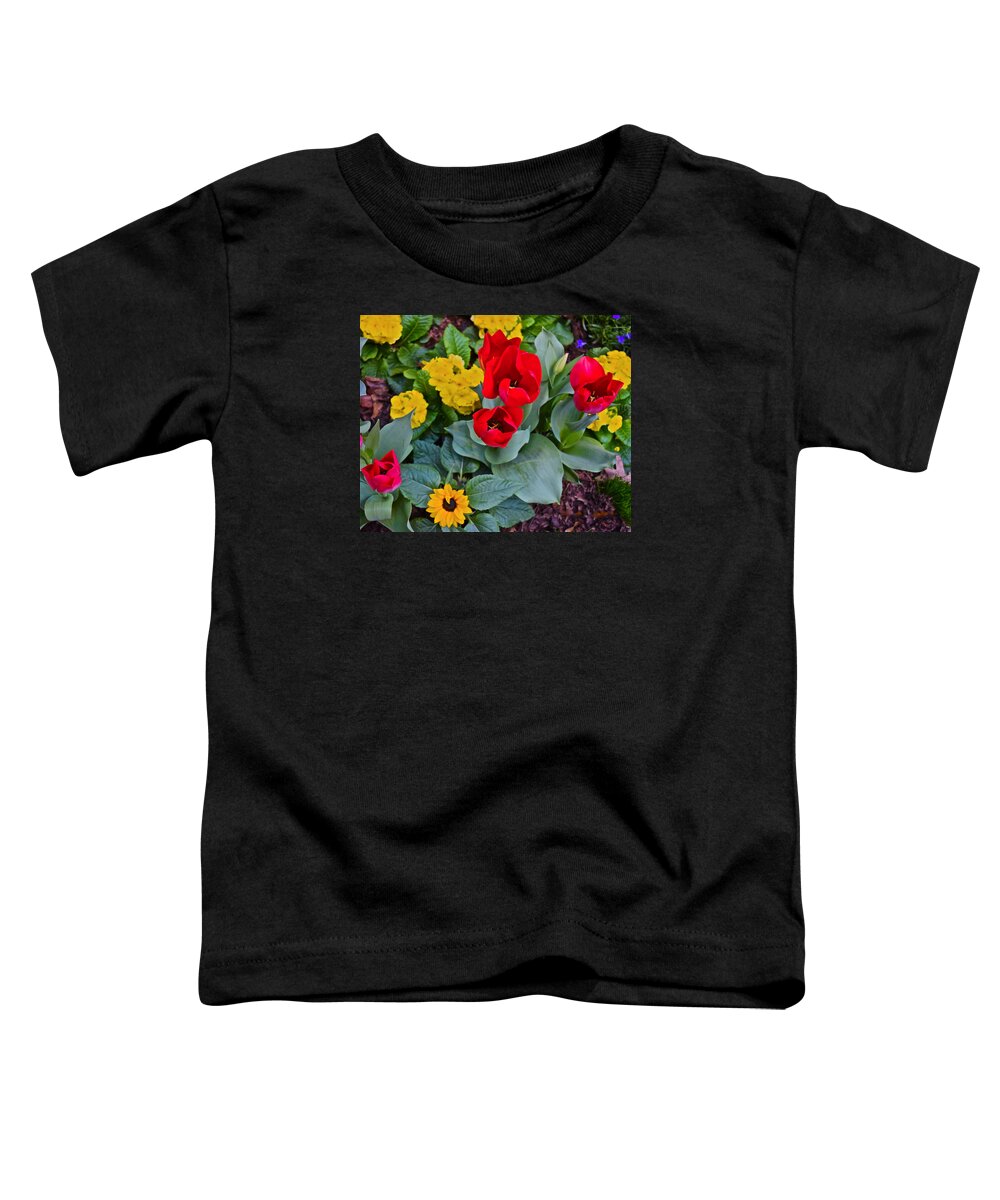 Tulips Toddler T-Shirt featuring the photograph Spring Show 15 Red Tulips and Primrose by Janis Senungetuk