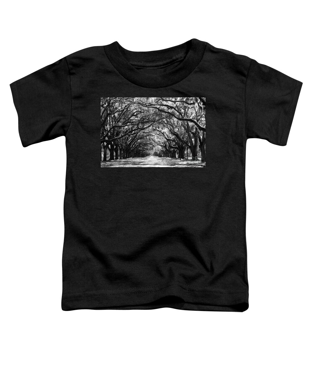 Live Oaks Toddler T-Shirt featuring the photograph Sunny Southern Day - Black and White by Carol Groenen
