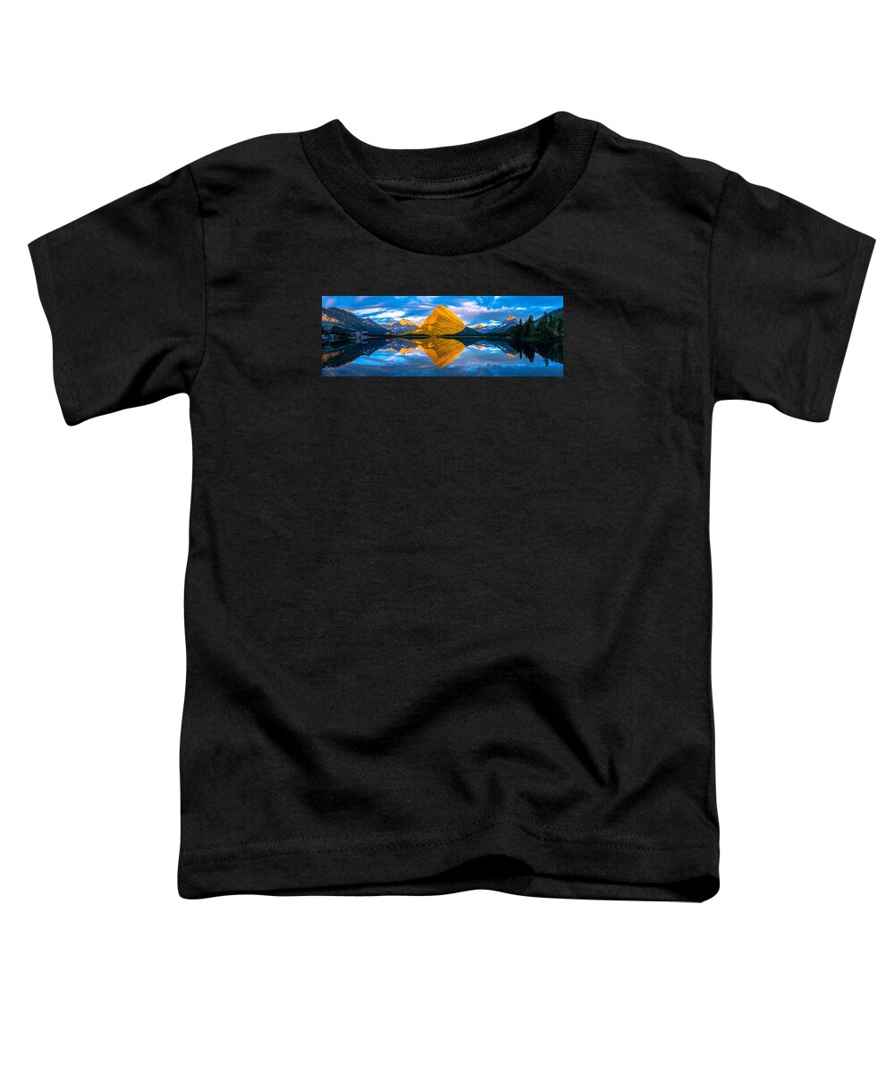 Glacier National Park Toddler T-Shirt featuring the photograph Swiftcurrent Lake Sunrise Panorama by Dustin LeFevre