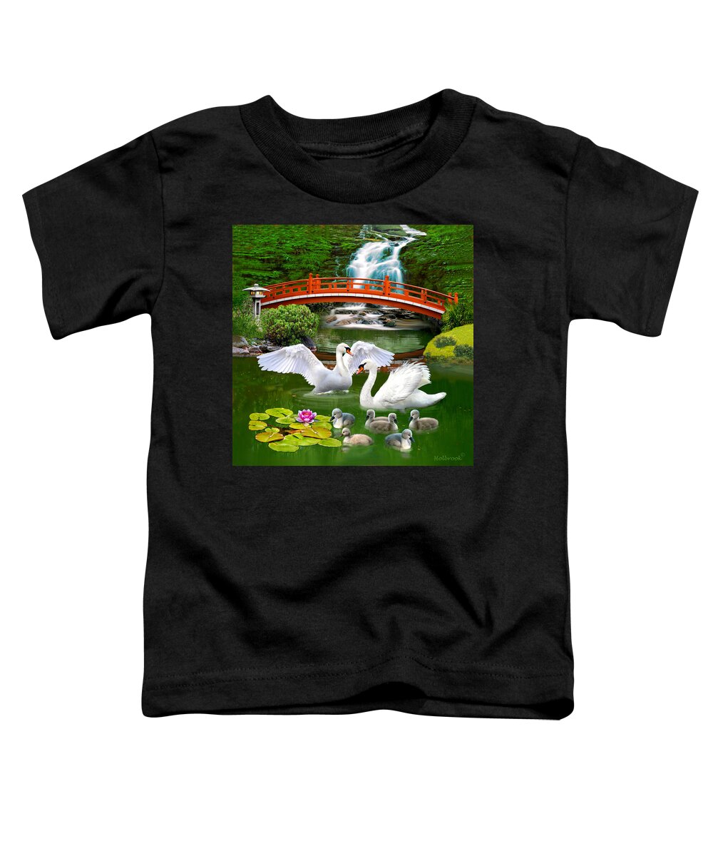 White Swans Toddler T-Shirt featuring the digital art The Swan Family by Glenn Holbrook