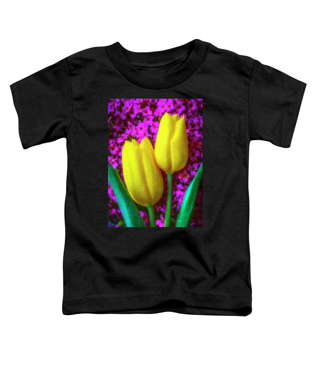 Yellow Toddler T-Shirt featuring the photograph Two Tulips With kalanchoe Flowers by Garry Gay