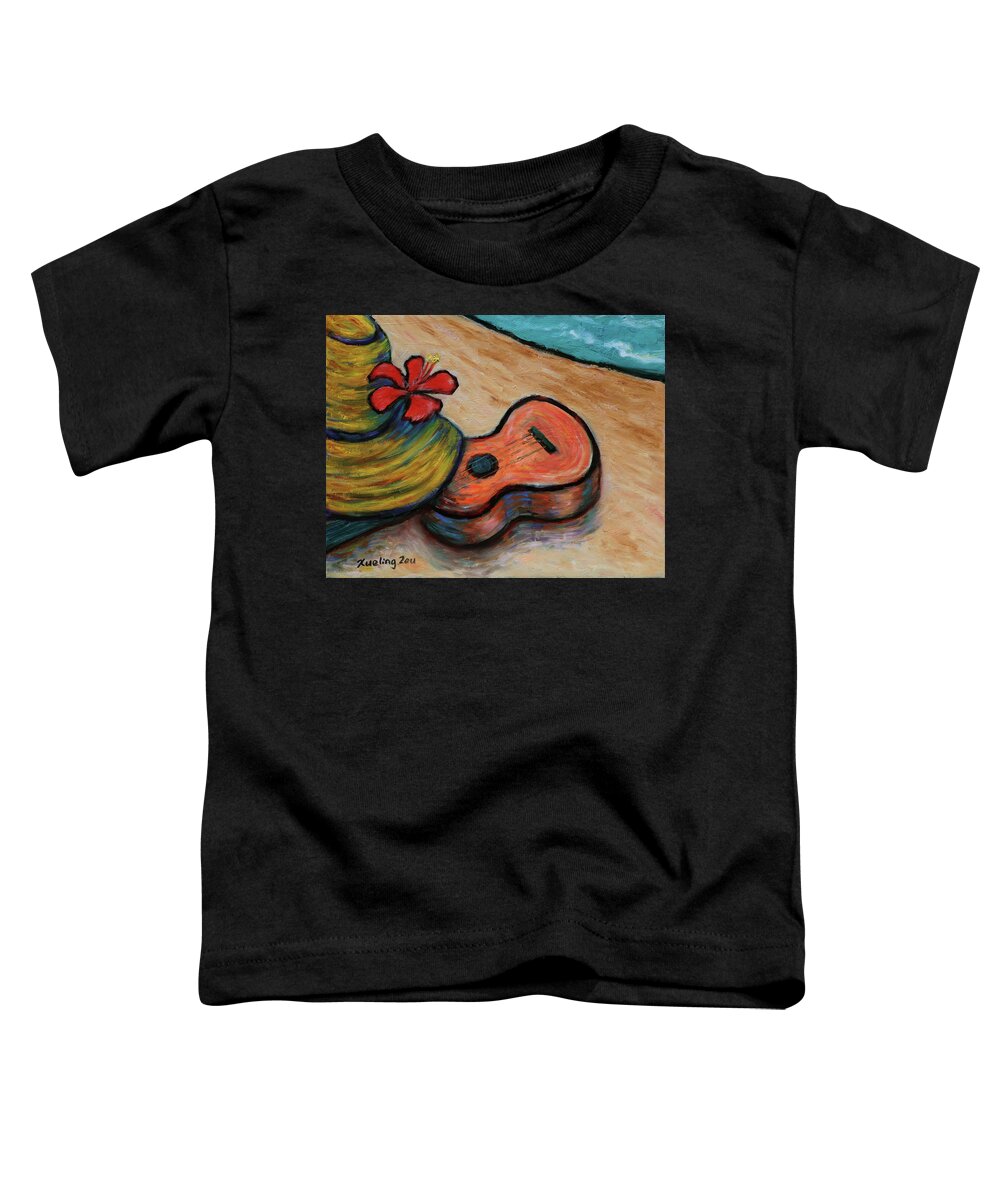 Hawaii Toddler T-Shirt featuring the painting Ukulele and Hibiscus Flower on a Hawaii Beach by Xueling Zou