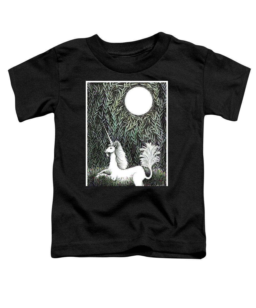 Lise Winne Toddler T-Shirt featuring the drawing Unicorn in Moonlight by Lise Winne