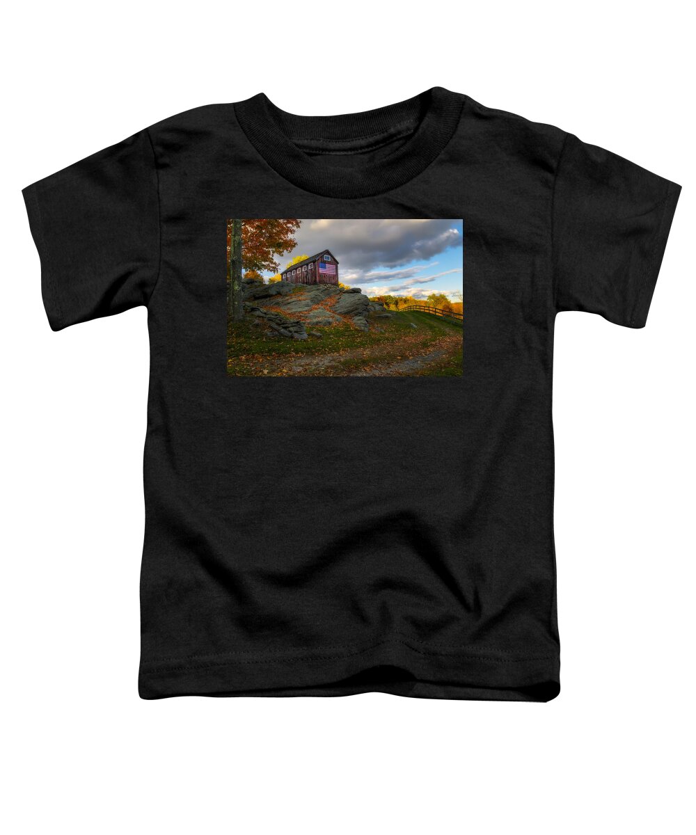 American Flag Toddler T-Shirt featuring the photograph USA Patriotic Rustic Barn by Susan Candelario