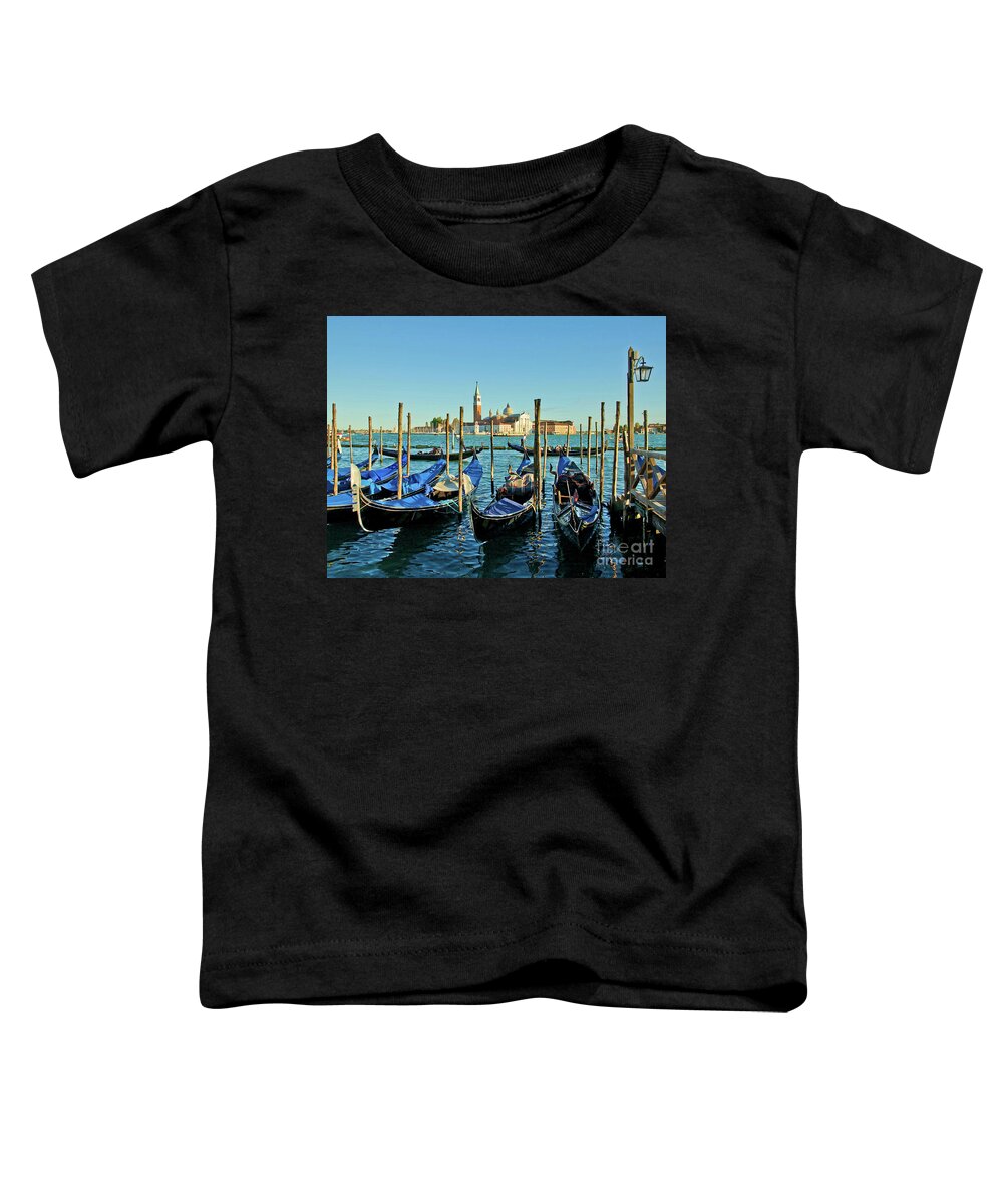 Venetian Gondolas Toddler T-Shirt featuring the photograph Venice gondolas - evening by Maria Rabinky