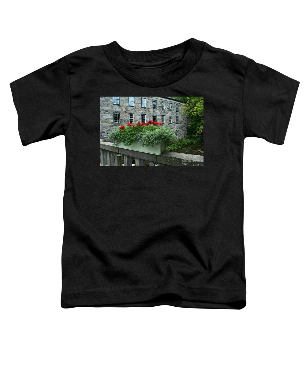 Woodstock Toddler T-Shirt featuring the photograph Vermont Bridge Flower Box by Catherine Sherman