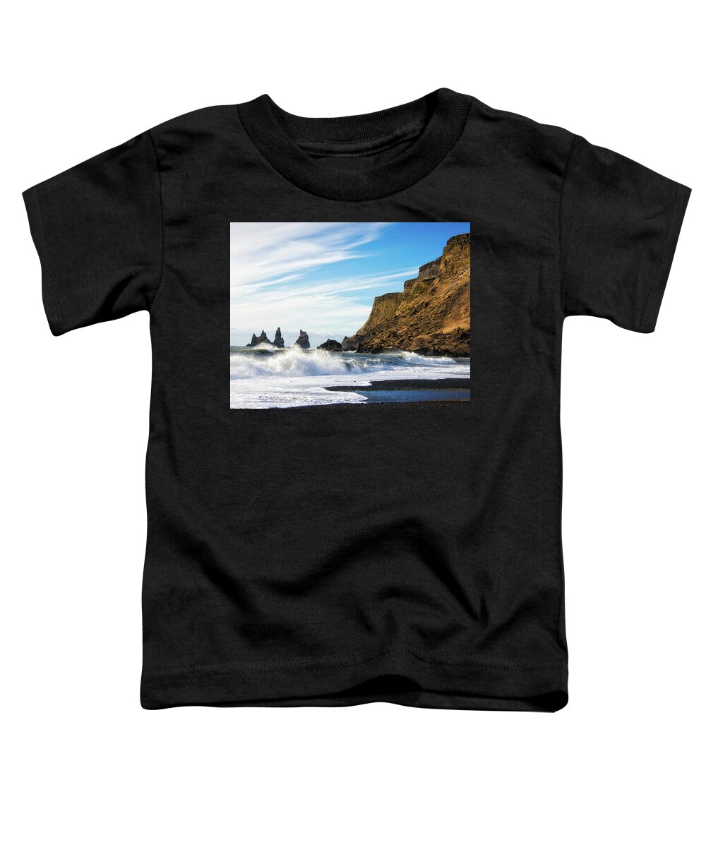 Iceland Toddler T-Shirt featuring the photograph Vik Reynisdrangar beach and ocean Iceland by Matthias Hauser