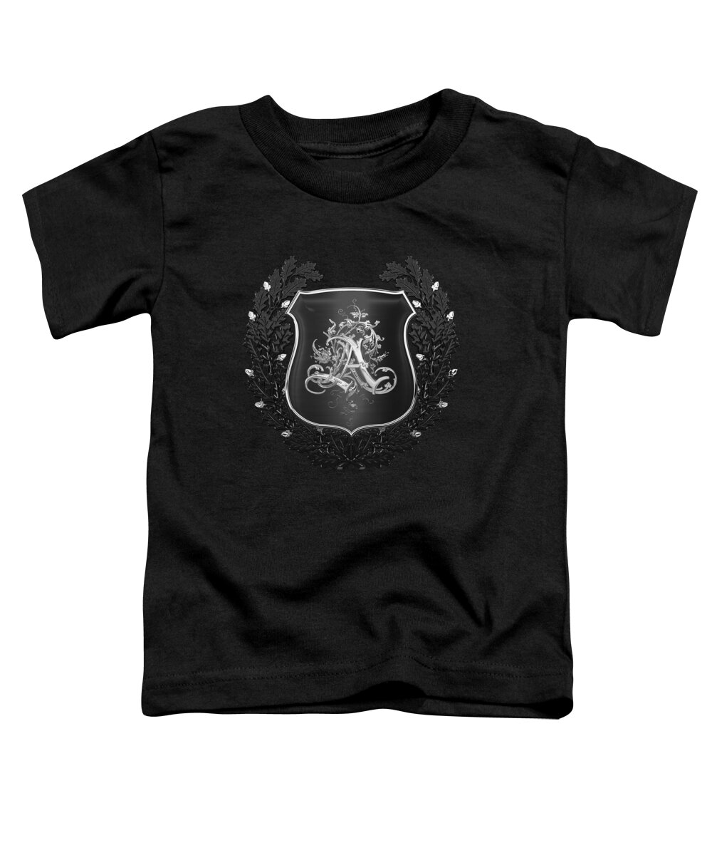 'monograms' Collection By Serge Averbukh Toddler T-Shirt featuring the digital art Vintage Silver AA Monogram on Black Shield with Black Oak Wreath over Black Canvas by Serge Averbukh