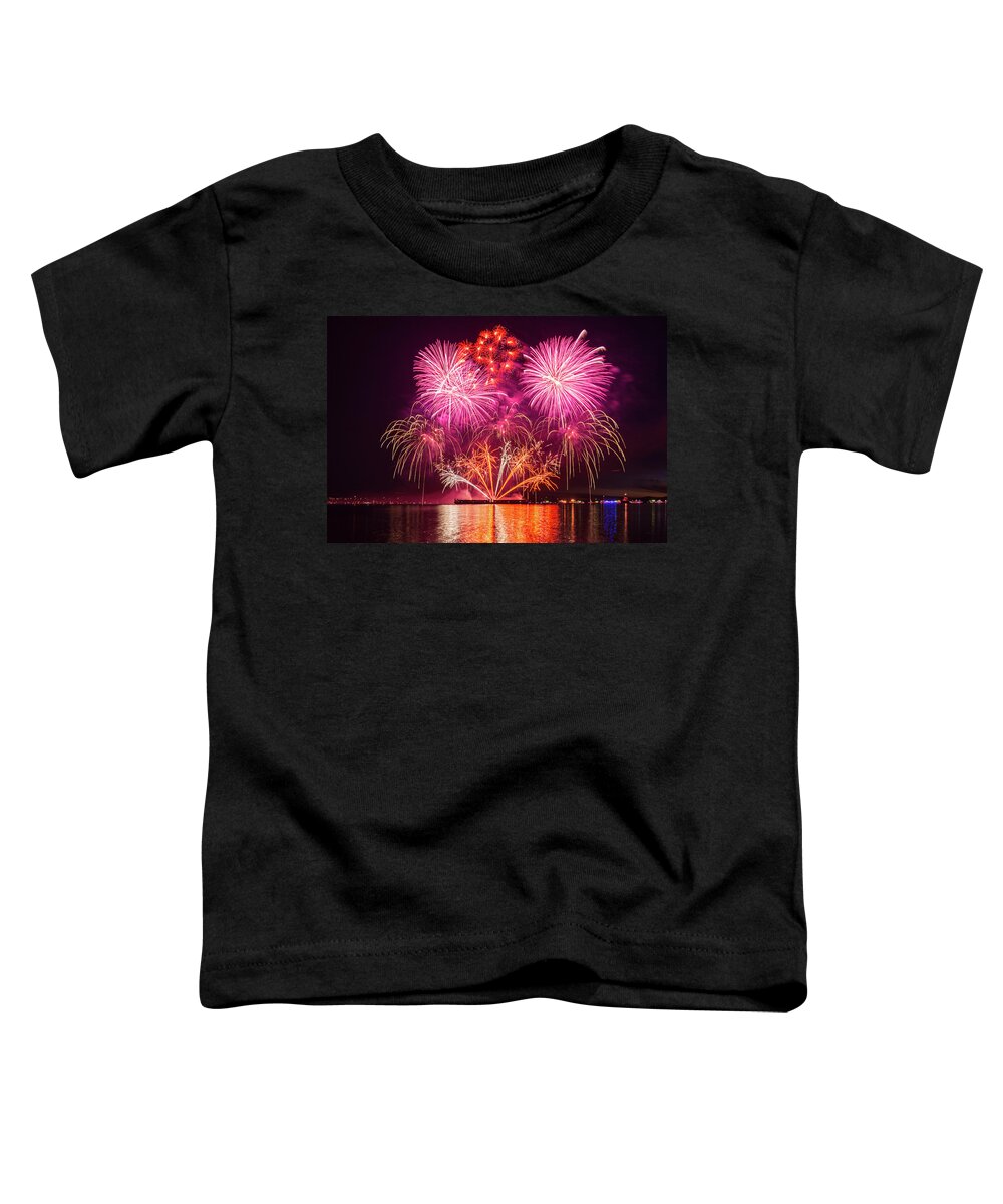 Firework; Celebration;water; English Bay; Summer Event; Outdoor; Reflection; Colors; Beach; Vancouver; Canada Toddler T-Shirt featuring the digital art Celebration Of Light, 2018 #4 by Michael Lee