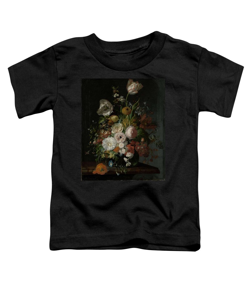 Canvas Toddler T-Shirt featuring the painting Still Life with Flowers in a Glass Vase. #2 by Rachel Ruysch