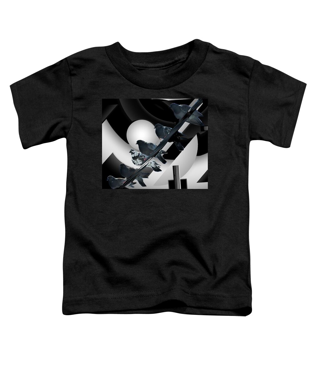 Modern Abstract Toddler T-Shirt featuring the mixed media Abstract Birds on a wire Black n White 3of3 by Joan Stratton