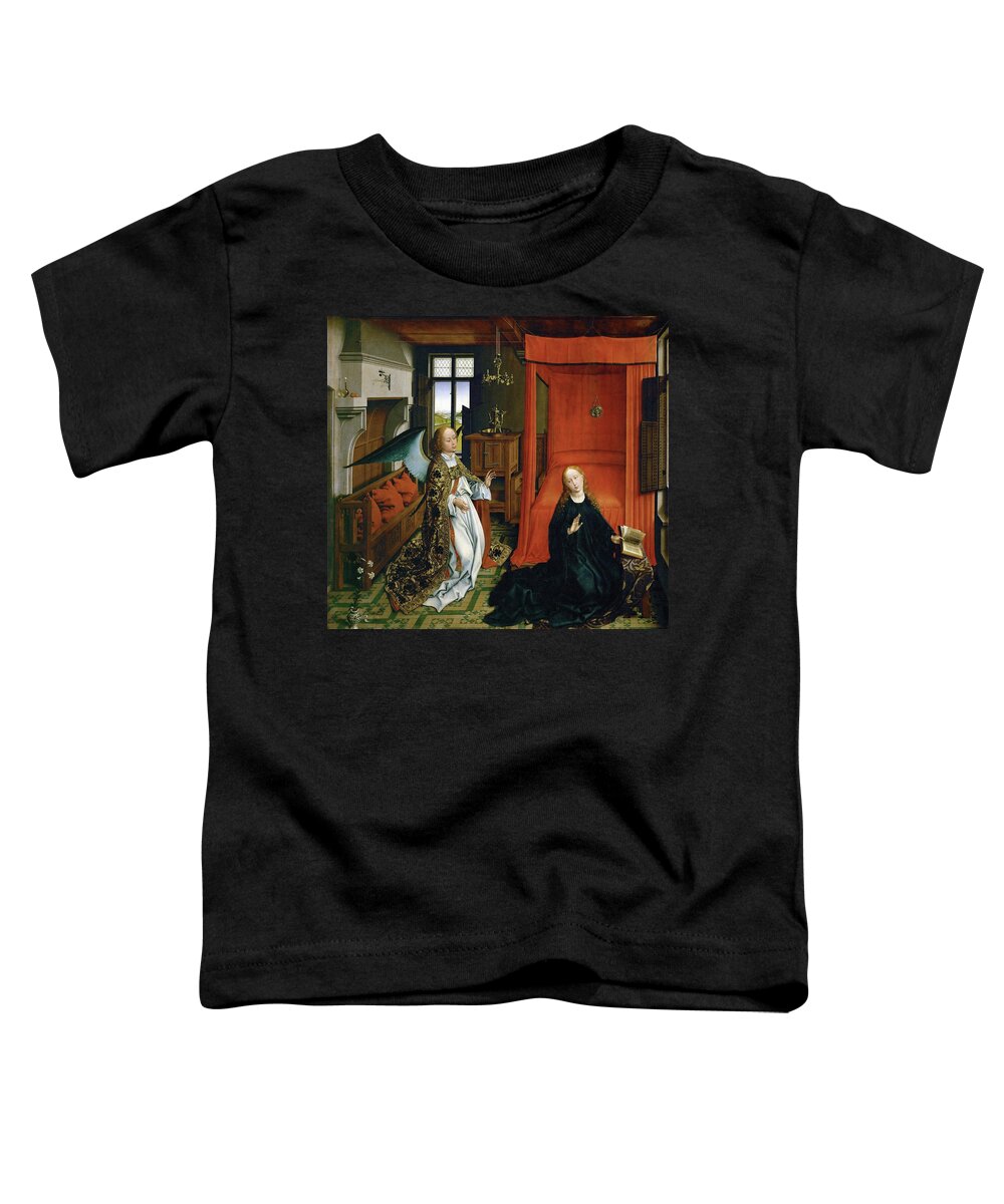 Archangel Gabriel Toddler T-Shirt featuring the painting Annunciation. Center panel of a triptych, from an altar from the church in Chieri, near Torino. by Rogier van der Weyden -c 1399-1464-