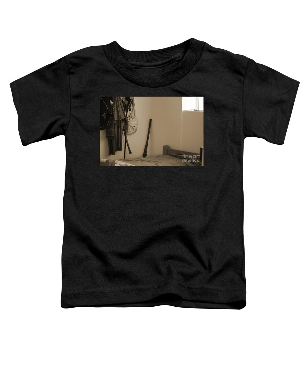 Bed Toddler T-Shirt featuring the photograph Bed in Barracks at Fort Stanton New Mexico In Sepia by Colleen Cornelius