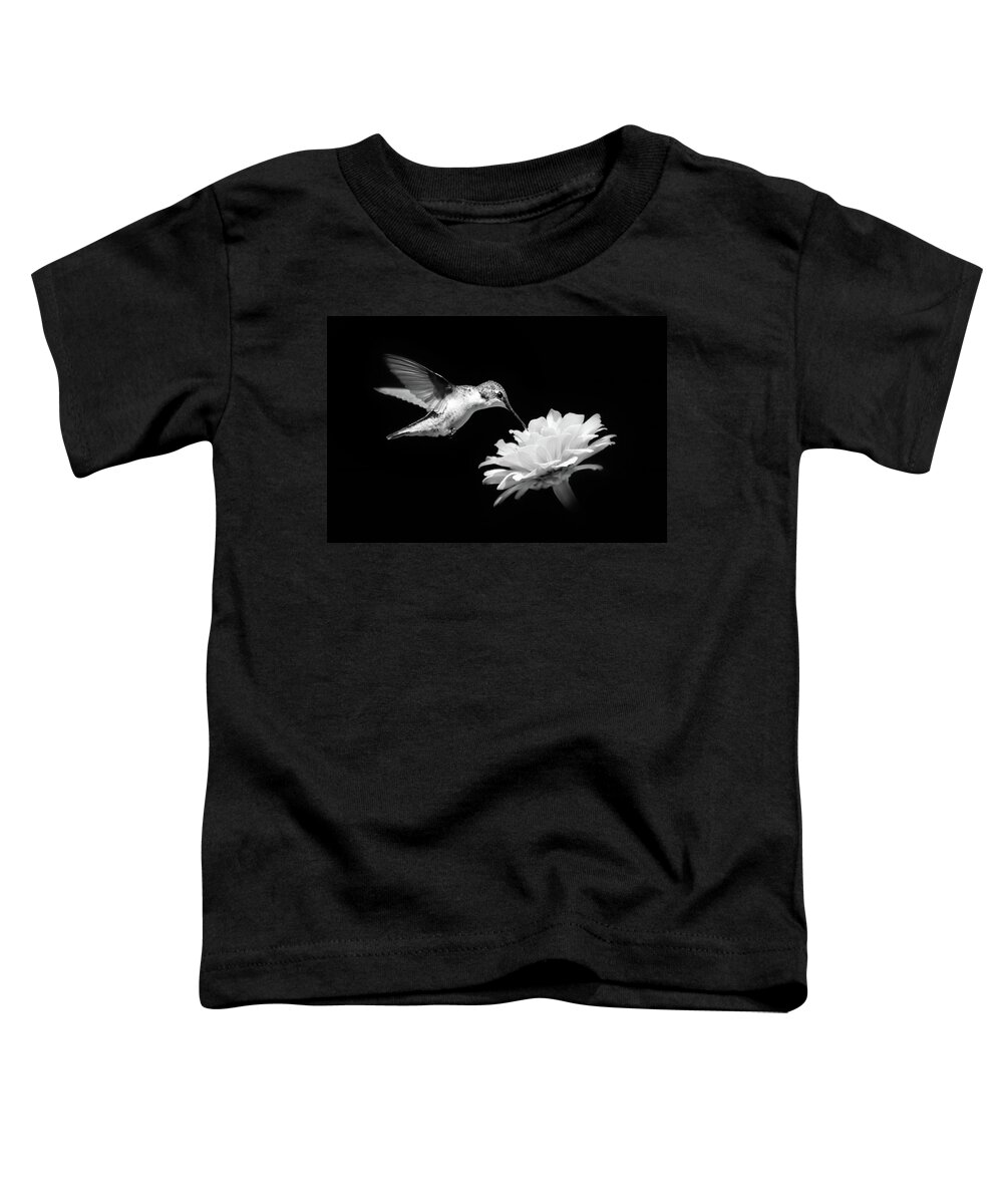 Hummingbird Toddler T-Shirt featuring the photograph Black and White Hummingbird and Flower by Christina Rollo