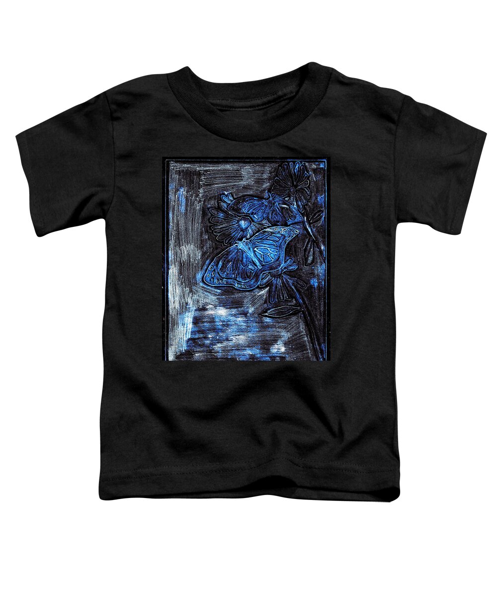 Butterfly Toddler T-Shirt featuring the digital art Butterfly Blue Garden at Night 29 by Edgeworth Johnstone