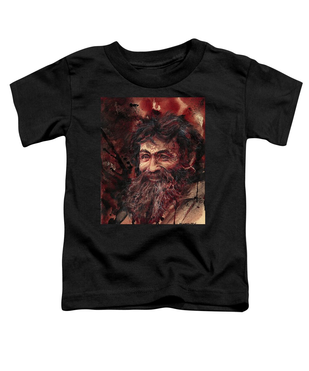 Ryan Almighty Toddler T-Shirt featuring the painting CHARLES MANSON portrait dry blood #1 by Ryan Almighty