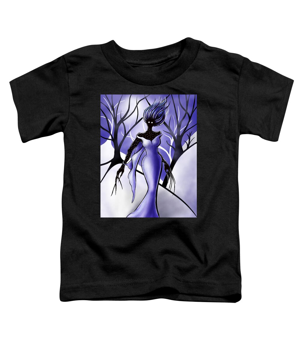 Creepy Toddler T-Shirt featuring the mixed media Creepy Woman In Snowy Night Forest by Boriana Giormova