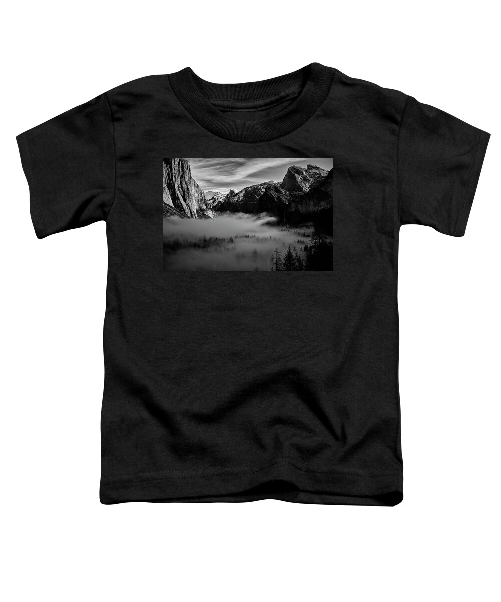 Black And White Toddler T-Shirt featuring the photograph Fog in Yosemite by Jon Glaser