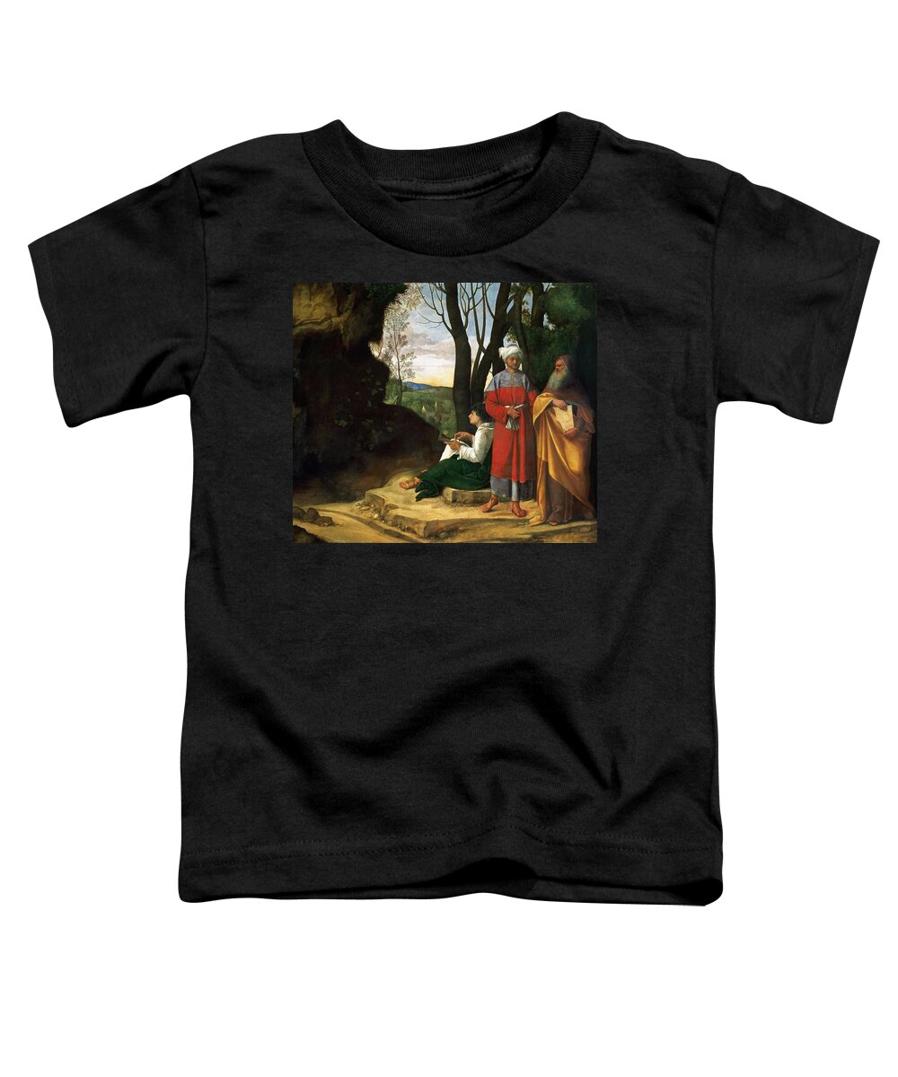 Giorgione Toddler T-Shirt featuring the painting GIORGIONE Three Philosophers. Date/Period Between ca. 1508 and ca. 1509. Painting. Oil on canvas. by Giorgione