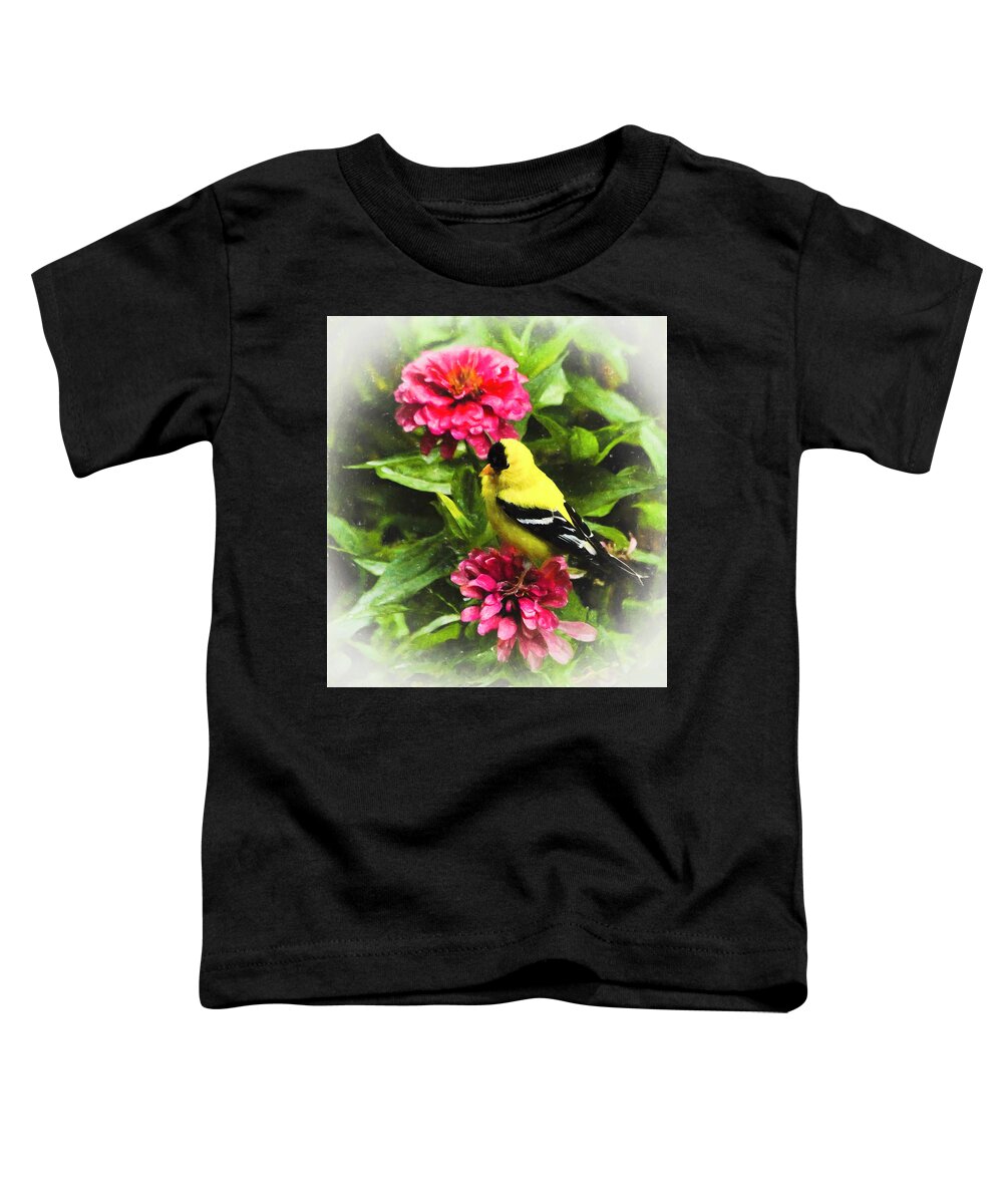 Goldfinch Toddler T-Shirt featuring the photograph Goldfinches Love Zinnias by Ola Allen