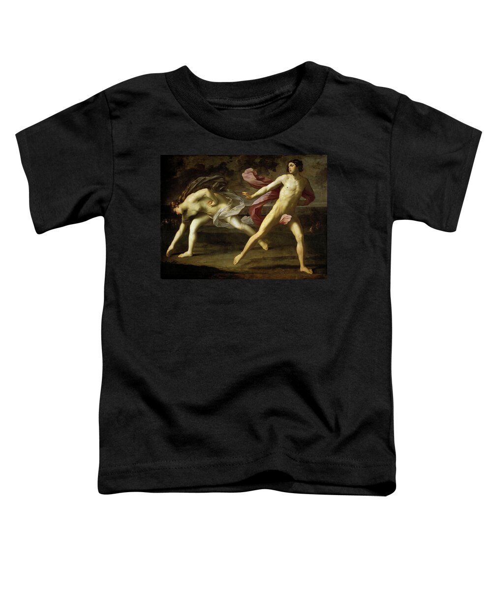 Guido Reni Toddler T-Shirt featuring the painting 'Hippomenes and Atalanta', 1618-1619, Italian School, Oil on canvas, 206 cm x 297 cm... by Guido Reni -1575-1642-