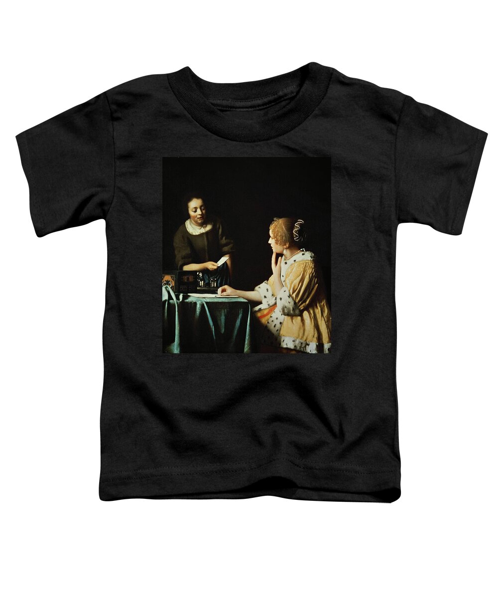 Johannes Vermeer Toddler T-Shirt featuring the painting Johannes Vermeer / 'Lady with Her Maidservant Holding a Letter', 1666. by Jan Vermeer -1632-1675-