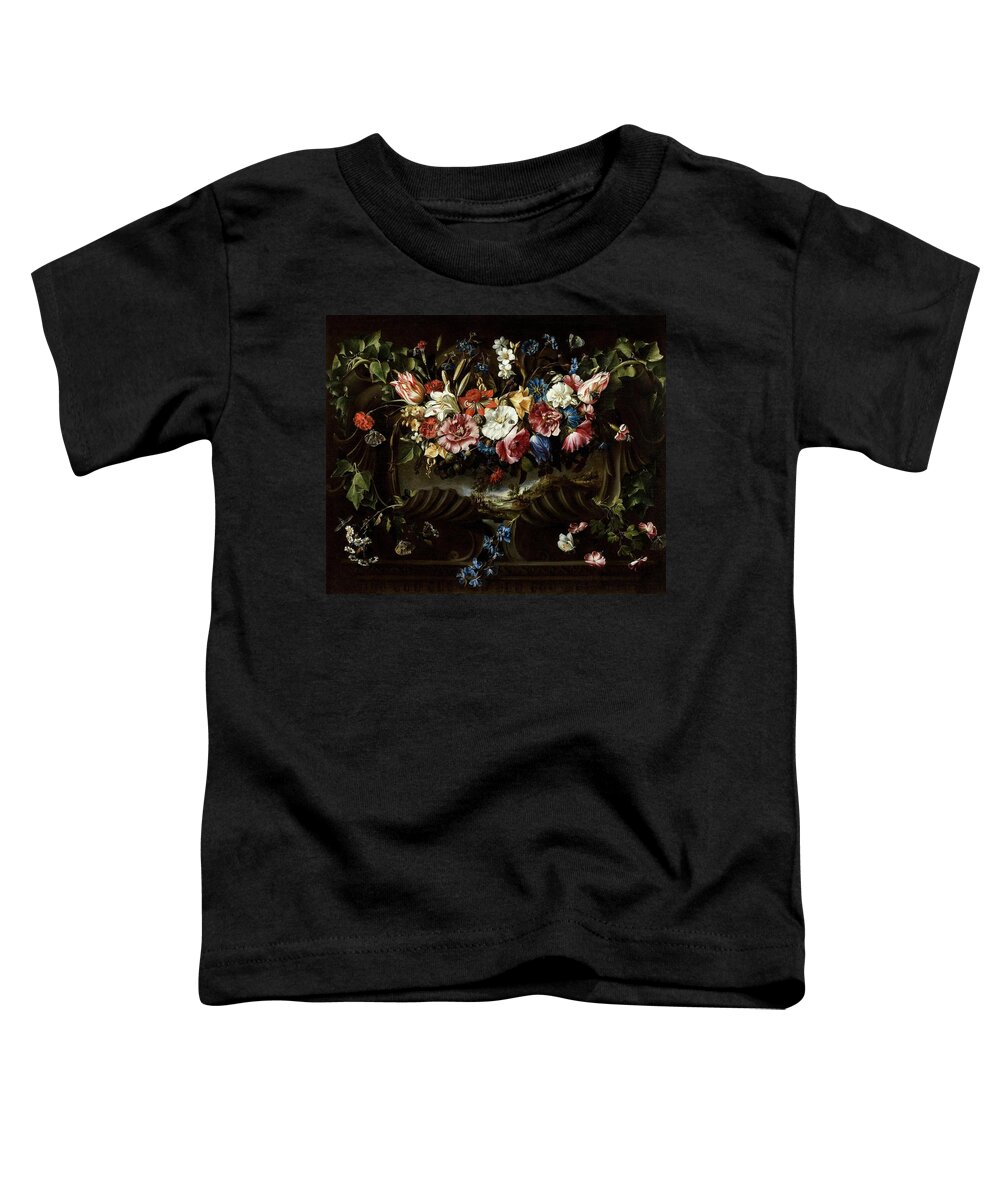 Garland Of Flowers With Landscape Toddler T-Shirt featuring the painting Juan de Arellano / 'Garland of Flowers with Landscape', 1652, Spanish School. by Juan de Arellano -1614-1676-