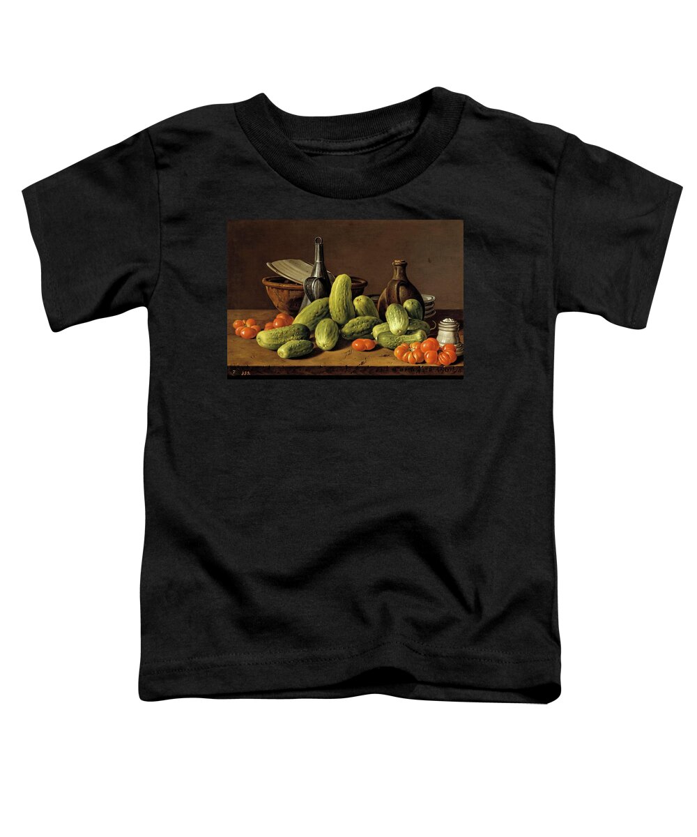 Luis Egidio Melendez Toddler T-Shirt featuring the painting Luis Egidio Melendez / 'Still Life with Cucumbers, Tomatoes, and Kitchen Utensils', 1774. by Luis Melendez -1716-1780-